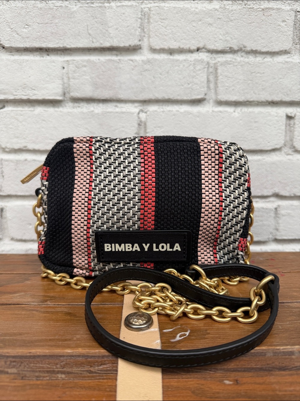 Bimba Y Lola Black Crossbody Bag with Pink & Red Woven Stripes